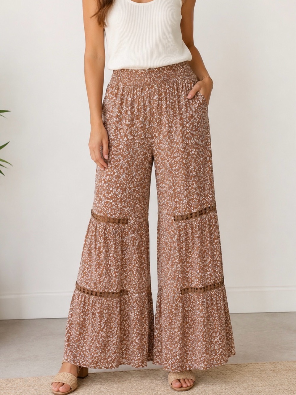 NWT L RACHEL PAIGE X Revolve crochet peek a boo gypsie euro summer palazzo pant